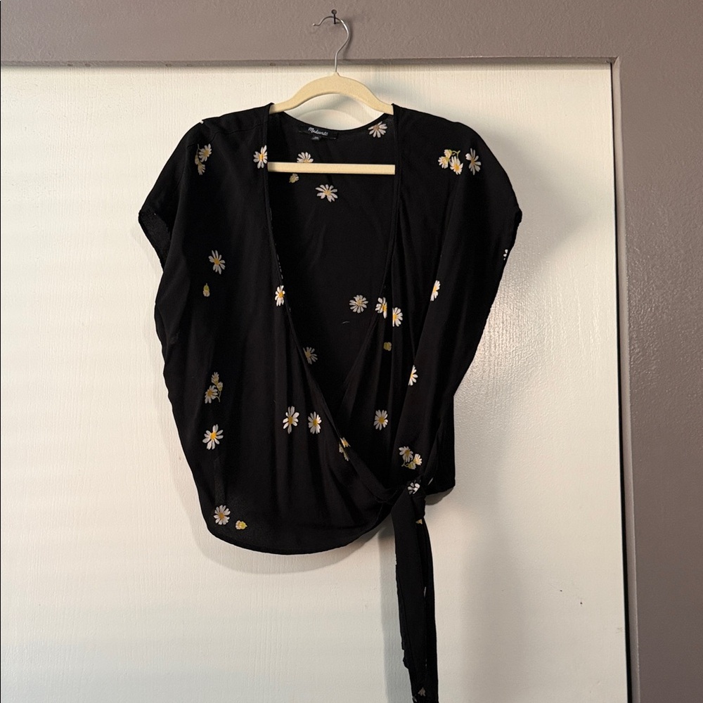 Elegant Black Floral Wrap Blouse